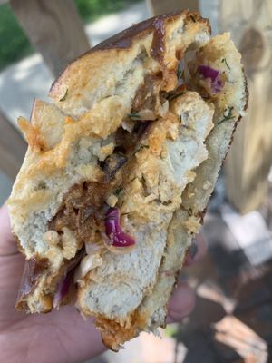 Inside chick’n sandwich  at The Witches Brew in West Hempstead