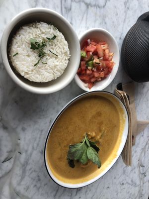 Winter yellow curry (v) - Thai style yellow curry with sweet potato onions butter nut squash and peppers served with a side of rice $18.95  at The Witches Brew in West Hempstead