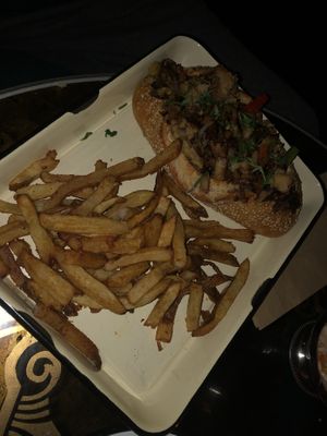 Philly cheesesteak sandwich no cheese , it comes with the fries   at The Witches Brew in West Hempstead