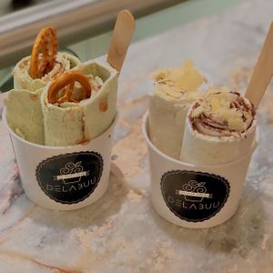 matcha ice cream with bretzels and banana ice cream with vegan nutella  at Delabuu Ice Cream - KaDeWe - Maybe closed in Berlin