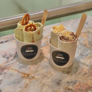 matcha ice cream with bretzels and banana ice cream with vegan nutella  at Delabuu Ice Cream - KaDeWe - Maybe closed in Berlin