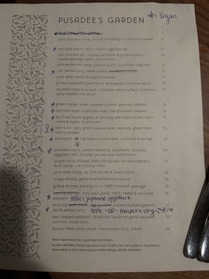 Vegan edited menu provided by my wonderful waitress    at Pusadee's Garden in Pittsburgh