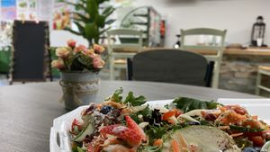 Delicious specially made salad and dining experience.  at Abby's Juices Bar in Lake Worth