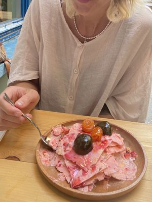 Handmade "nicecream" - from frozen fruits and coconut milk 💚  at Refresh Vegan Kitchen in Kas