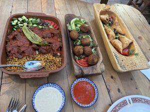 Vegan iskender kebab, felafels, and samosas.   at Refresh Vegan Kitchen in Kas