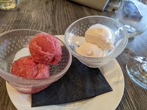 Vegan sorbets; rhubarb and coconut at Orangery Restaurant in Clowne