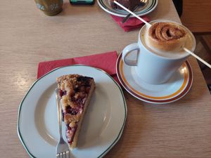Plum cake and chai latte at Crush in Krakow