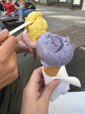 Felix ice cream + olivenöl safran Orange ice & lavender blueberry ice cream 🍦  at Veganista Ice Cream MQ in Vienna