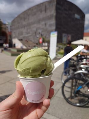 2 scoops: coconut and matcha at Veganista Ice Cream MQ in Vienna