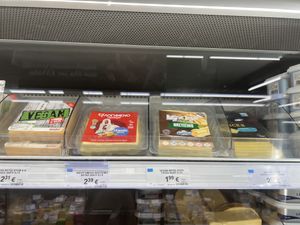 More vegan cheeses including tomato & basil, classic, Gouda and Violife slices.  at AB Vassilopoulos in Planos