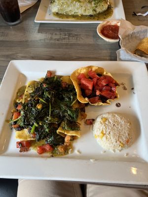 Spinach enchiladas stuffed with potato, rice, black beans. veggie burrito in the background  at Casa Mezcal in Bath