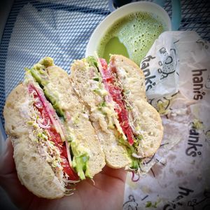 The number for with vegan cream cheese on an everything bagel . Yep ,some Matcha to wash it down.  at Hank's Bagels in Sherman Oaks