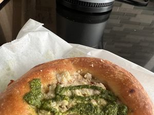 Vegan pesto pizza bialy    at Hank's Bagels in Sherman Oaks