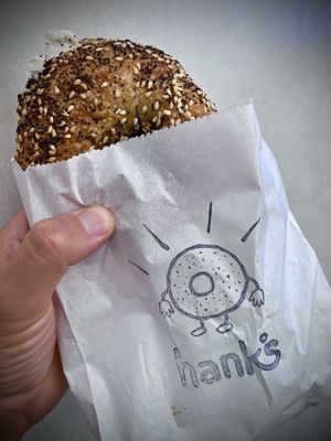 Everything bagel with vegan cream cheese toasted oh so well  at Hank's Bagels in Sherman Oaks
