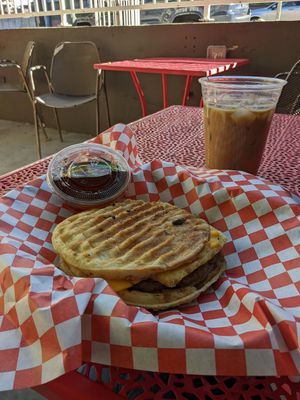 Waffle sandwich at Roostercat Coffee House in Denver