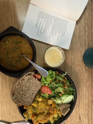 Daily menu lentil soup with roasted veggies and salad   at Bici Cafe in San Agustin