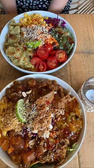 Bottom: vegan chicken satay. Top: vegan green chicken curry. Both very flavorful with plenty of chicken pieces  at Áro in Kassel