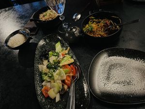 From left to right: Steamed rice, fried rice, Chop Suey greens, Sichuan salad  at Tien-Tsin in Gothenburg