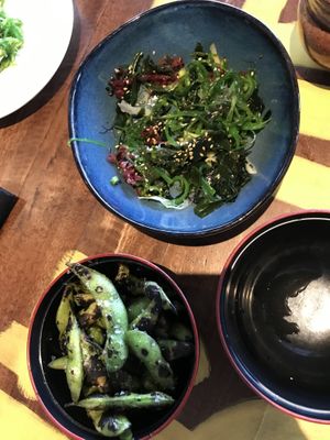 Charred edamame & seaweed salad. AMAZING  at Blue Sushi Sake Grill in Houston