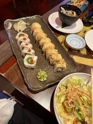 Loved the Vegan hot popper on the left and crunchy cabbage on the right! Miso soup in the back was not as great  at Blue Sushi Sake Grill in Houston