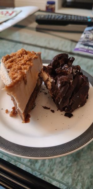 Half of each pudding at Mad Hatter in Barnstaple