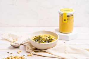 Toscana: Zucchini, leek and carrot cream, garnished with mint pesto and crunchy zuchinni and pumpkin seeds. at The Krass Corner in Tenerife