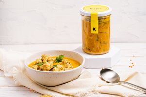 Benarés: Red lentil and chard dhal, cooked with coconut drink and a potent spice mix of garlic, ginger, coriander, turmeric, garam masala, black pepper, and oven-roasted cauliflower topping with a hint of fresh coriander. at The Krass Corner in Tenerife