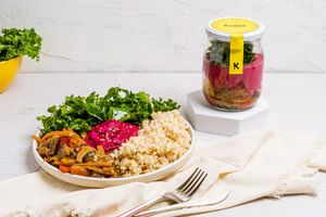 Anatolia: Wok-sautéed vegetable base with artisan teriyaki sauce, brown rice, beetroot and chickpea hummus, lemon kale salad and toasted white sesame seed topping. at The Krass Corner in Tenerife