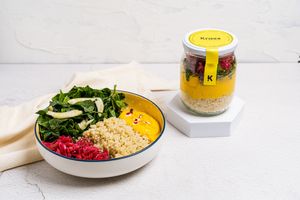 Lombarda: Quinoa base, bean and carrot hummus, spinach salad with fennel and raisins and red cabbage sauerkraut. at The Krass Corner in Tenerife