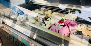 The display case at Kayak Gelato & Frozen Yogurt in Sarande