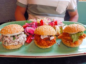 Mini buns ( shitake y mayo) , pulled heura, mallorquin de sobrasada at Velada in Barcelona