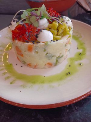 Ensaladilla rusa velada con pimientos. Una locura at Velada in Barcelona