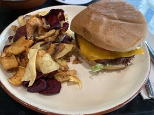 Lunch menu burger with potatoes  at Velada in Barcelona
