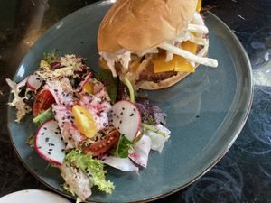 Burger with salad  at Velada in Barcelona