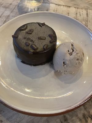 Chocolate cake and pistachio ice cream  at Velada in Barcelona