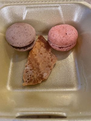 The raspberry macaron on the right and chocolate on the left  at Velada in Barcelona