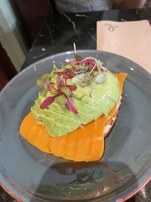 Avocado, smoked salmon, cream cheese on toast  at Velada in Barcelona