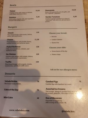 Menu at Velada in Barcelona