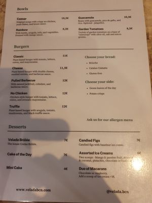Menu at Velada in Barcelona