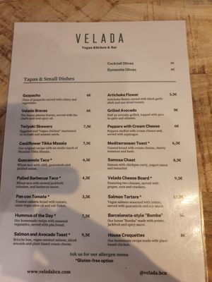 Menu at Velada in Barcelona
