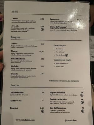 Menu  at Velada in Barcelona