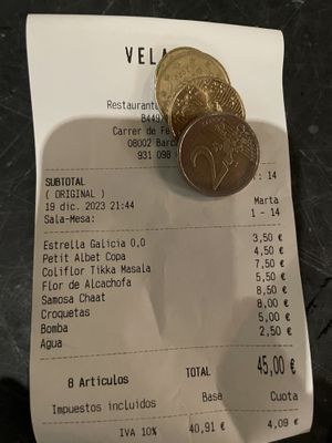 Price menu  at Velada in Barcelona