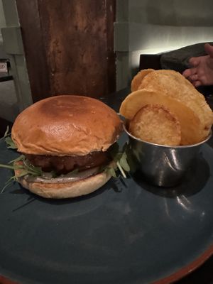 Truffle burger w/brioche bun & crisps  at Velada in Barcelona