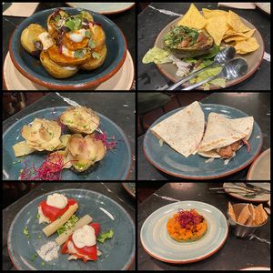 1. Velada Bravas & Grilled Avocado. 2. Artichoke Flowers & Pulled Barbecue Taco. 3. Cream Cheese Peppers & No Salmon Tartare  at Velada in Barcelona