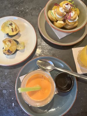 Artichoke flowers, patatas bravas and gazpacho   at Velada in Barcelona