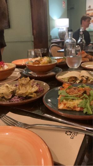 Artichoke Flowers (in front on the left), Mini Pizza (in front on the right), Patatas bravas (in the back in the middle), Guacamole Taco (in the back on the right) but we had more  at Velada in Barcelona
