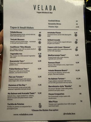 Menu at Velada in Barcelona