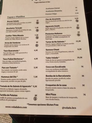 Menu at Velada in Barcelona