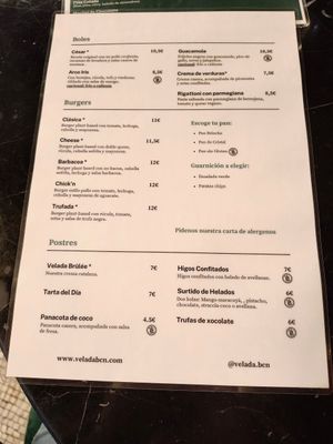 Menu at Velada in Barcelona