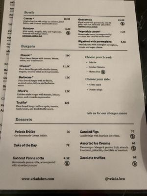Menu back  at Velada in Barcelona